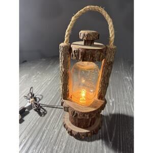 VTG Wood Rope Mason Jar Lamp With Tree Stump Base Lightweight Lantern Flashlight